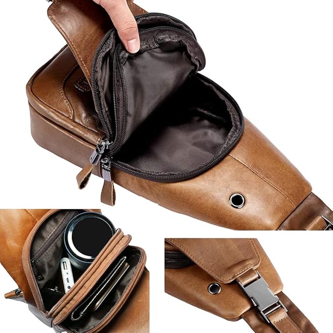 Hebetag Leather Sling Bag Hiking Daypack for Men Women Outdoor Travel Camping Fishing Crossbody Shoulder Chest Pack Daypack Small Brown