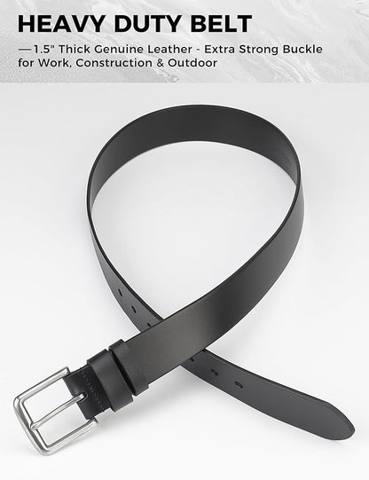 Mens Heavy Duty Full Grain Leather Belt - 1 1/2 Italian Genuine Leather with Sturdy Buckle for Jeans Casual Pants