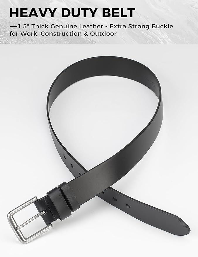 Mens Heavy Duty Full Grain Leather Belt - 1 1/2 Italian Genuine Leather with Sturdy Buckle for Jeans Casual Pants