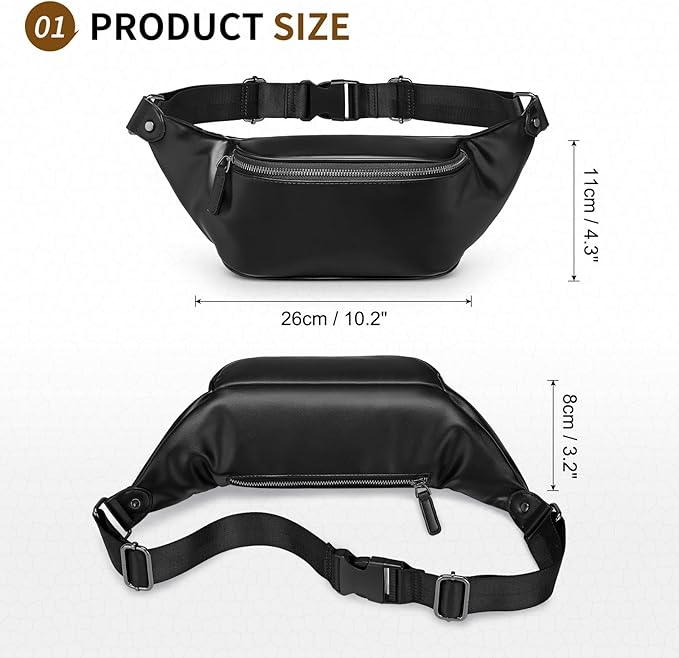 Faux Leather Belt Bag for Women, Crossbody Fanny Pack with Adjustable Strap, Back Zipper Pocket, Large Capacity Waist Pack for Travel, Concerts, Black