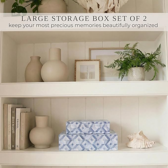 ZICOTO Decorative Storage Boxes with Lids - Set of 2 Beautiful Organizer Bins for Your Bookshelf Home Decor - Safely Store Photos, Documents and Memory Box Keepsakes on Your Shelves in Style