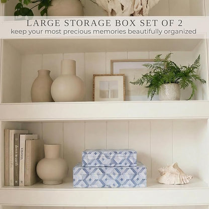 ZICOTO Decorative Storage Boxes with Lids - Set of 2 Beautiful Organizer Bins for Your Bookshelf Home Decor - Safely Store Photos, Documents and Memory Box Keepsakes on Your Shelves in Style