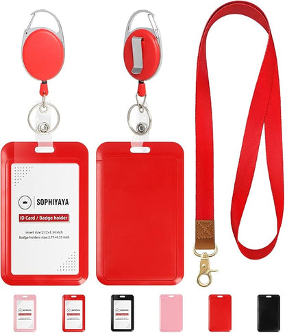 Badge Holder and Retractable Reel with Lanyard, Hard Plastic Key Card Work Badge Sleeve for Office School Factory Teacher Women Men (Red, Vertical)