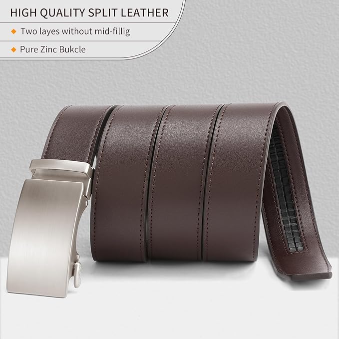 SENDEFN Men's Leather Belt Automatic Ratchet Buckle Slide Belt for Dress Casual Trim to Fit with Gift Box