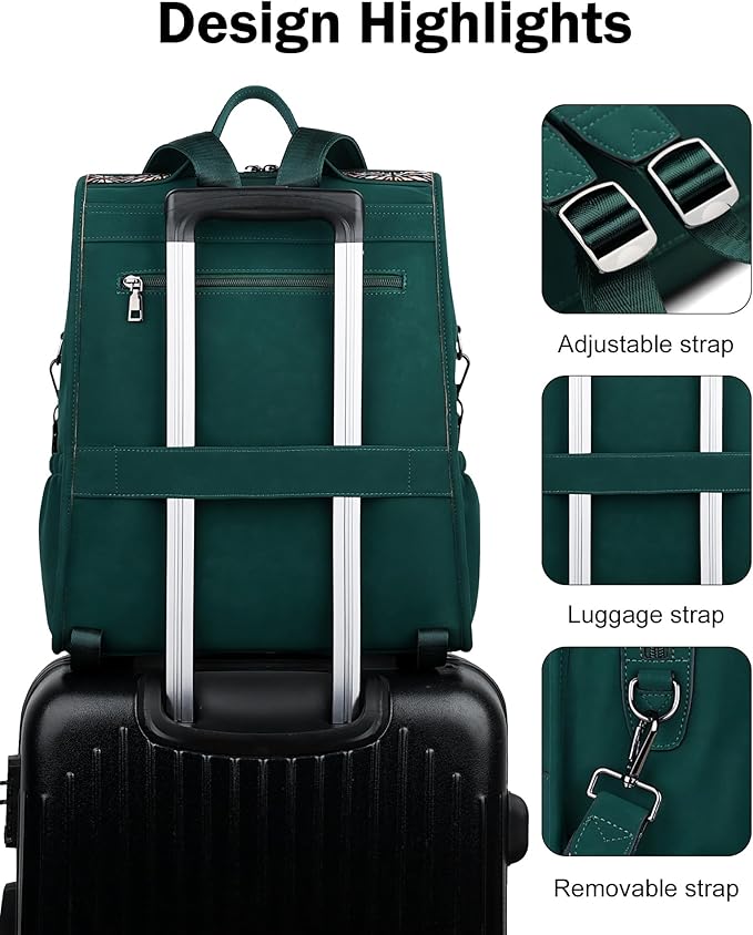 FADEON Leather Laptop Backpack for Women, Designer Ladies Work Travel Computer Backpack with Laptop Compartment Suede Green