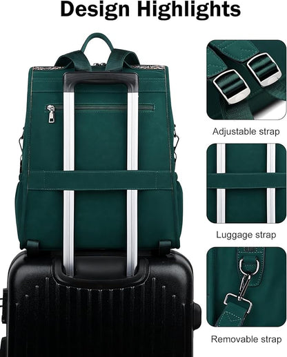 FADEON Leather Laptop Backpack for Women, Designer Ladies Work Travel Computer Backpack with Laptop Compartment Suede Green