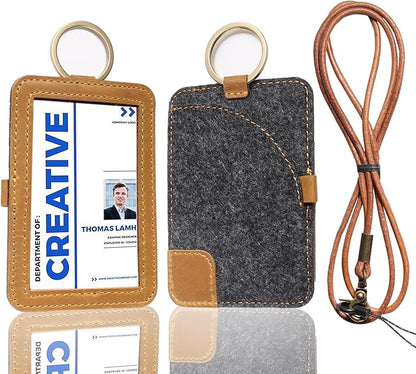 Genuine Badge Holder with Leather Lanyard, Soft Leather ID Card Holder with a Detachable Metal Clip, Clear Window, 2 Card Slots for Office & School IDs, Work Name Cards (Golden-Brown 03)