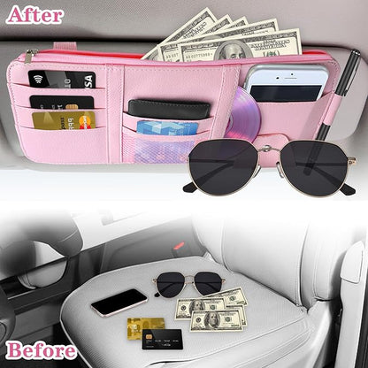 Sun Visor Organizer (Pink),Car Visor Storage Holder for Sunglasses, Documents, Cards & Pen,Zipper Pocket,Fits Sedans, Trucks, SUVs,Auto Interior Accessory