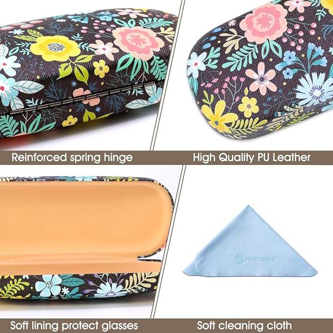 PERFECTSIGHT Hard Shell Eyeglasses Case, PU Leather Protective Glasses Case, Cute Eyeglass Case for Women Men Girls
