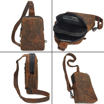 Leather Sling Bag for Women Genuine Crossbody Purse Small Trendy Cross Over Chest with Phone and Credit Card Slots (Cognac Crazy Horse)