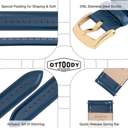 OTTOODY Leather Watch Bands Quick Release, Elegant Top Grain Leather Watch Straps for Men & Women, Choice of Color & Width - 18mm, 19mm, 20mm, 21mm or 22mm Wristbands Bracelet for Watch & Smartwatch