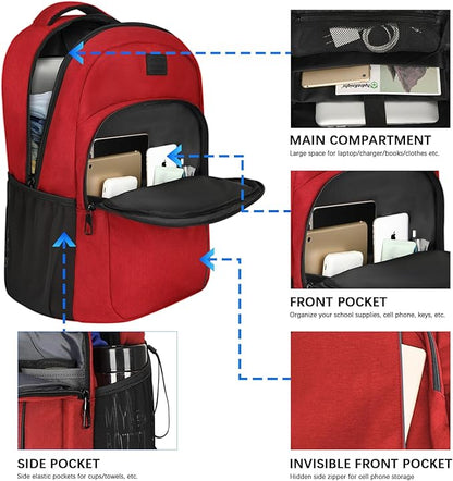 LARIPOP Carry On Backpack for Airplane, 17.3 Inch Laptop Backpack with USB Charging Port, Water Resistant Business Travel Backpack, Lightweight College School Bookbag Anti Theft for Men Women, Red