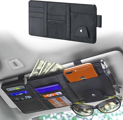 1 Piece Car Sun Visor Organizer, Leather Zipper Visor Storage Bag, 11.4In x 5.9In Multifunctional Pocket Business Card Holder, Universal for Men Women Car Interior Receiving (Black)