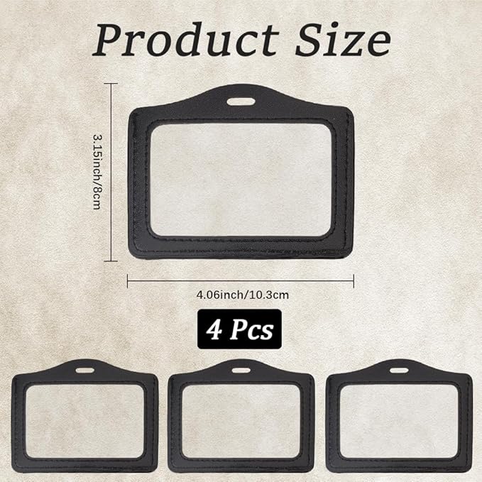 4PCS PU Leather Horizontal Photocard Protector with Clear Window Black Leather Badge Holder Waterproof ID Card Case Double Sided Name Badge Pouch for Offices Staff Students Employees