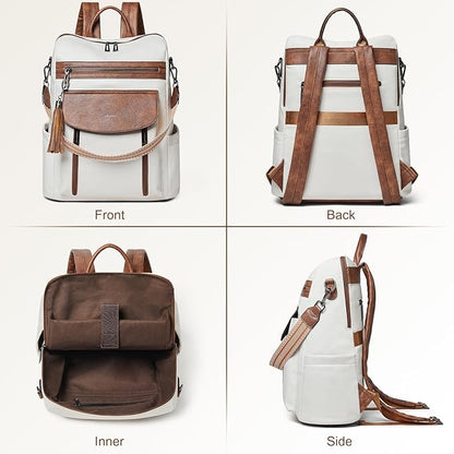 Shrrie Laptop Backpack for Women 15.6 inch,Travel Leather Backpack Purse Nurse Teacher Carry on Backpack Computer Bag,Professional Water-Resistant College Business Work Casual Daypack,Beige with Brown