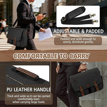 RAINSMORE Messenger Bag for Men, 15.6-17.3 inch Laptop Bag, Canvas Briefcase with Luggage Strap, Satchel for College Work