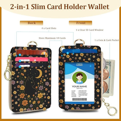 Black Cat Lanyard Wallet with ID Holder, Cute Floral ID Badge Holder with Lanyard, Slim Zipper Card Holder for Women,Detachable Neck Lanyard Wrist Strap with Keychain for Teacher Work Office Gifts