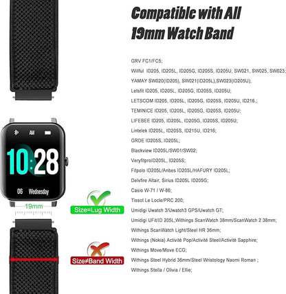 19mm Quick Release Elastic Band Compatible with GRV FC1/FC5/Willful/YAMAY/Letsfit/LETSCOM/TEMINICE/LIFEBEE/Lintelek/ ID205 ID205L ID205G ID205S ID205U/Blackview/UMIDIGI Nylon Strap Women Men