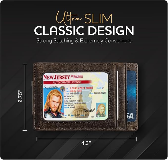 Claasico Men’s Leather Money Clip Wallet – Slim Front Pocket Wallet w/Super Strong Magnetic Clip, RFID Blocking, 5 Card Slots & Center Pocket + ID Window