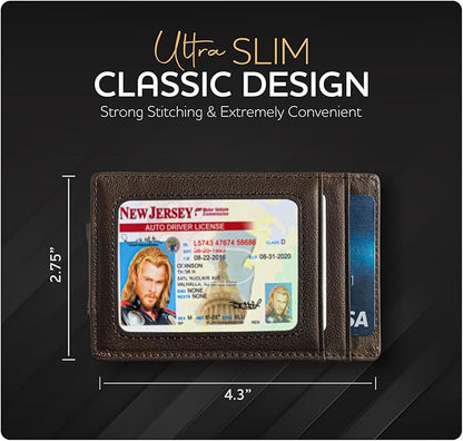 Claasico Men’s Leather Money Clip Wallet – Slim Front Pocket Wallet w/Super Strong Magnetic Clip, RFID Blocking, 5 Card Slots & Center Pocket + ID Window