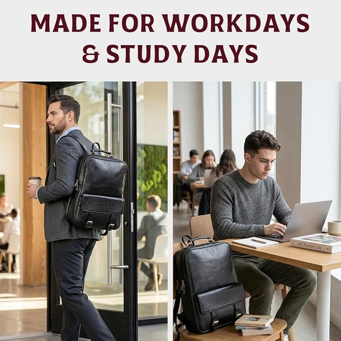 15.6" Luxury Black Leather Laptop Backpack for Men & Women. Leather Bag for Professional Use in Office & Business