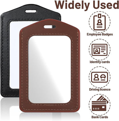 Leather ID Badge Holders, Mabor 2 Pcs Leather Badge Holder Vertical Double-Side Clear Card Holder Waterproof Name Badges Holders for Office Staff Students School ID Credit Cards(Black+Brown)
