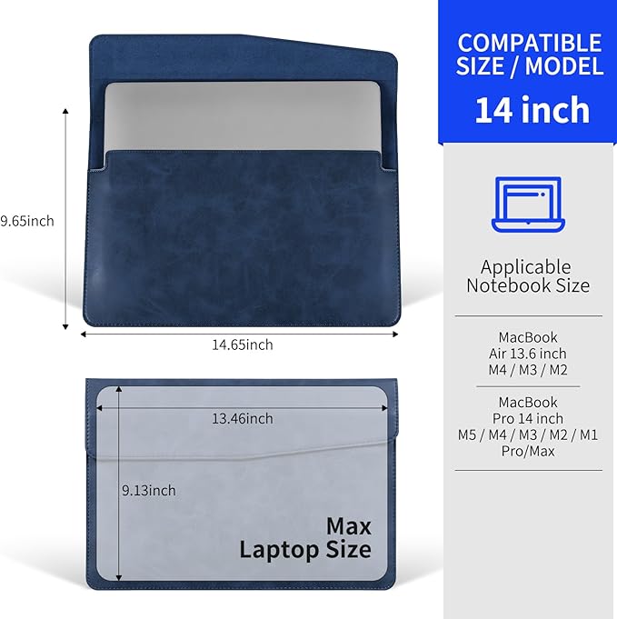14 Inch Leather Laptop Sleeve for MacBook Pro 14 Inch M5 M4 M3 M2 M1 Pro/Max Case,Premium Protective Case Cover with Magnetic Closure-Vintage Blue
