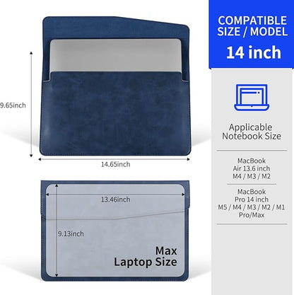 14 Inch Leather Laptop Sleeve for MacBook Pro 14 Inch M5 M4 M3 M2 M1 Pro/Max Case,Premium Protective Case Cover with Magnetic Closure-Vintage Blue