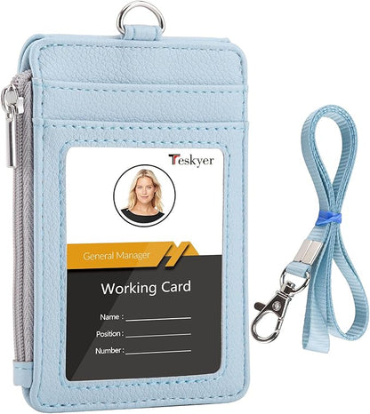 Teskyer Badge Holder with Side Zip Pocket, Multiple Card Slots Leather ID Holder Wallet with Neck Lanyard for Office Staffs, Teachers/Students, Workers, Cruise Cards, Bus/Metro Cards, Lichee Cyan