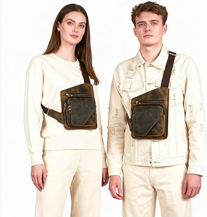 Thick Crazy horse Leather Triangle Crossbody Sling Chest Bag Travel One Shoulder Bag Daypack For Men Male 3028