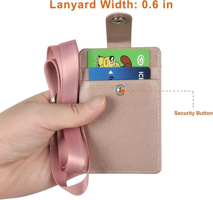 Life-Mate Badge Holder - Leather ID Badge Card Holder Wallet Case with 3 Cards Slot and Neck Lanyard/Strap. Additional Retractable Badge Reel with Belt Clip (Rose Gold)