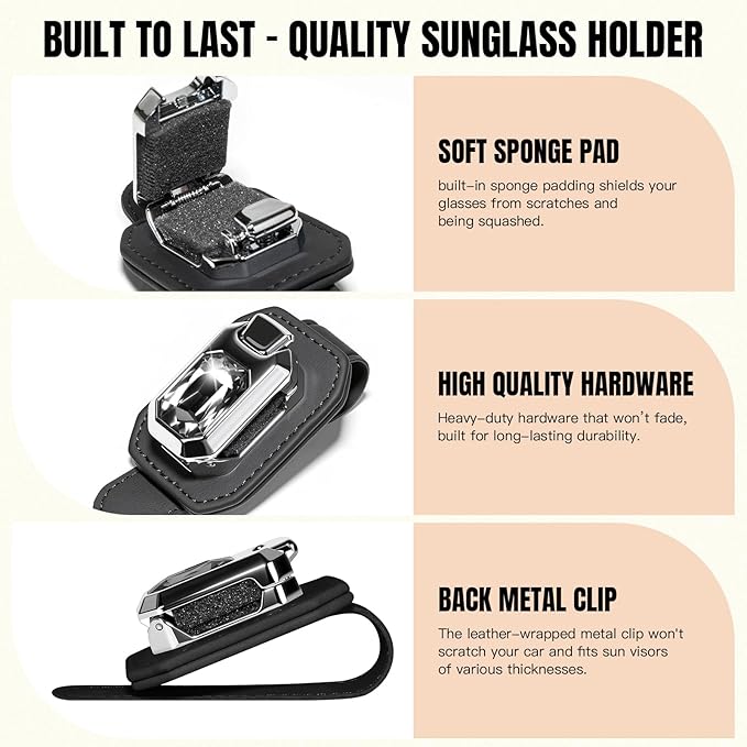 2PCS Sunglass Holder for Car Visor, Faux Leather Eyeglass Holder Clip for Car Sun Visor Organizer, Universal One Handed Operation Sun Glass Hanger, Car Interior Accessories for Women Man