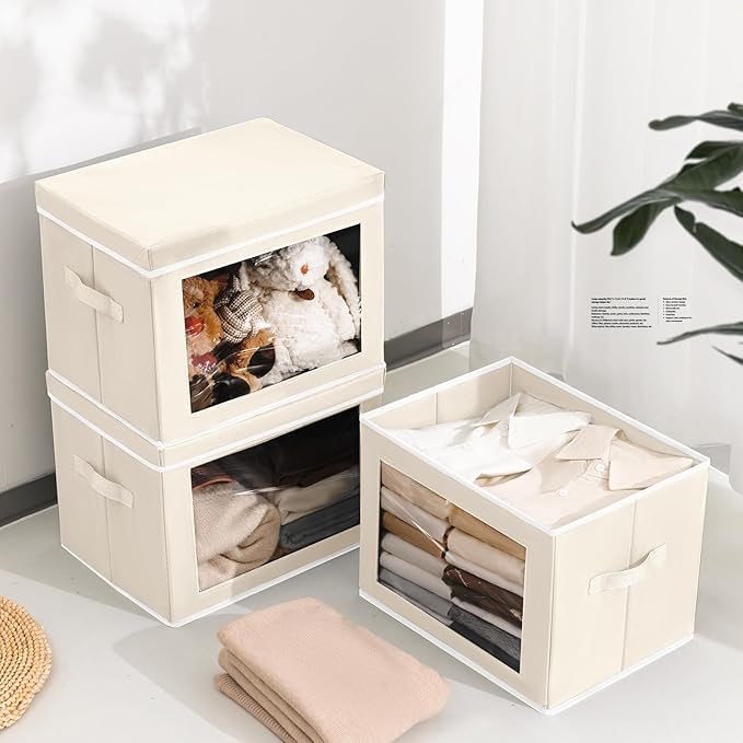 Homsorout Storage Bins with Lids - Large Decorative Basket with Lids, Fabric Foldable Closet Organizer Bins, Stackable Shelf Organizer for Living Room, Dorm, 5 Pack, Beige