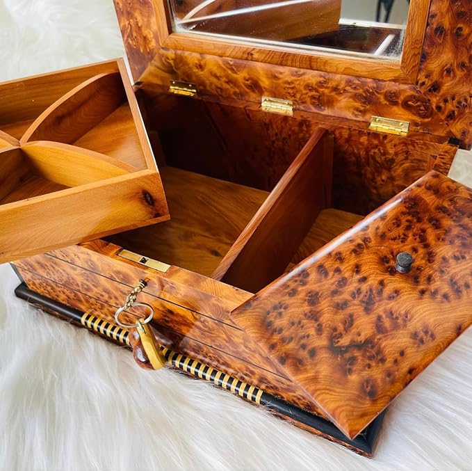 Hand Carved Wooden Box With lid Keepsake Box Storage Jewelry Decor Art Organizer Thuya Burl and Inlaid with Ebony and Mother of Pearl(Vintage Decorative Wood Box,)(Luxury Moroccan Wooden Box)