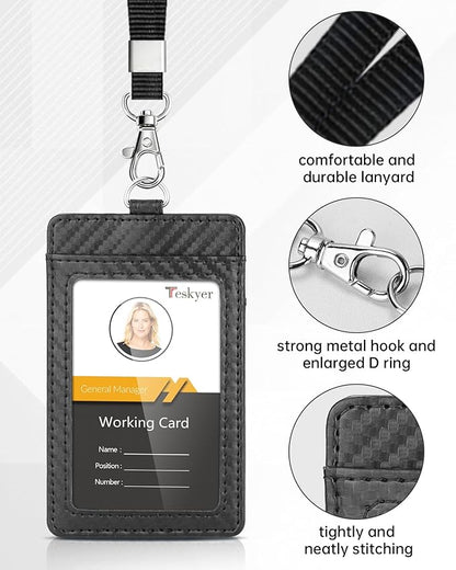 Teskyer Badge Holder with Lanyard, Leather ID Name Badge Card Holder with Lanyard for ID Badges, Vertical, Carbon Fiber Black