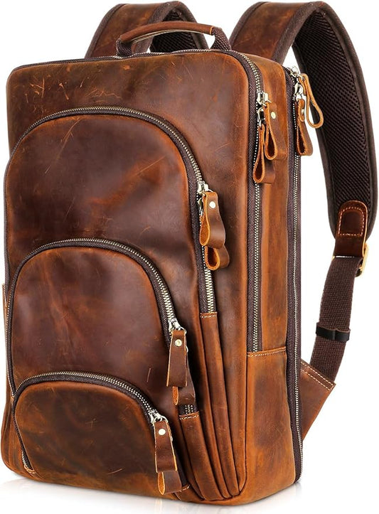 Full Grain Leather Backpack 15.6" Laptop Bag Men's Vintage Genuine Leather Business Backpack Travel Hiking Camping Rucksack Overnight Weekender Daypack Backpack