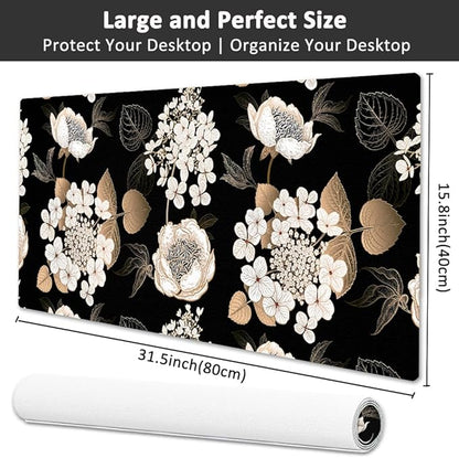 Large Mouse Pad, Desk Mat for Desktop, Dual Side PU Leather Waterproof Gaming Mousepad Desk Pad, Desk Protector Writing Pads Desk Accessories for Office and Home (C-Black Gold Flower, 31.5''X15.8'')