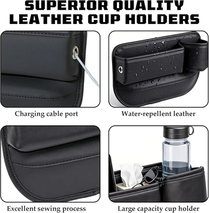 Car Leather Cup Holder Gap Bag, New Car Seat Gap Filler Organizer with Cup Holders, Console Organizer for Phone, Keys and Small Items, Universal Fit Essentials for SUV, Truck & Sedan (2pc)