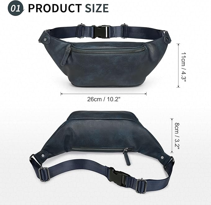 Faux Leather Belt Bag for Men, Crossbody Sling Bag with Adjustable Strap, Back Zipper Pocket, Large Capacity Waist Pack for Travel, Work, Navy Blue
