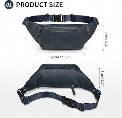 Faux Leather Belt Bag for Men, Crossbody Sling Bag with Adjustable Strap, Back Zipper Pocket, Large Capacity Waist Pack for Travel, Work, Navy Blue