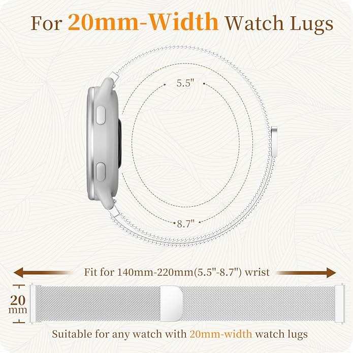 18mm 20mm Metal Band Compatible for Garmin Vivoactive 5/6/4S/3 Watch Bands, Soft Stainless Steel Mesh Strap for Garmin Venu 3S/Venu 2S/Sq Watch Band, Forerunner 55/245/255S/265S Watch Band Women Men