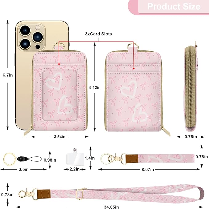 ID Badge Holder with Lanyard Leather with 1 Zip Pocket and 3 Card Slots Keychain Phone Lanyard Wrist Strap, RFID Blocking, for Office School Business Security Staff Women-Polka Dot Bow