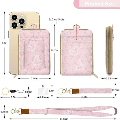 ID Badge Holder with Lanyard Leather with 1 Zip Pocket and 3 Card Slots Keychain Phone Lanyard Wrist Strap, RFID Blocking, for Office School Business Security Staff Women-Polka Dot Bow