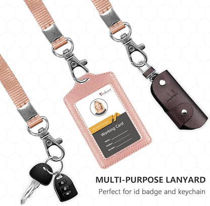 Teskyer 2 Pack Double Sided Clear Badge Holder with Lanyard, ID Badge Name Card Holder with Stainless Steel J-Hook Nylon Lanyard for Work, School, Metro, Access Card, Rose Gold
