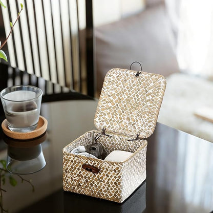 Hipiwe Handwoen Seagrass Basket with Lid Key Holder Box for Entry Decorative Mini Shelf Basket, Whitewash 3.5" x 3.5" x 2"