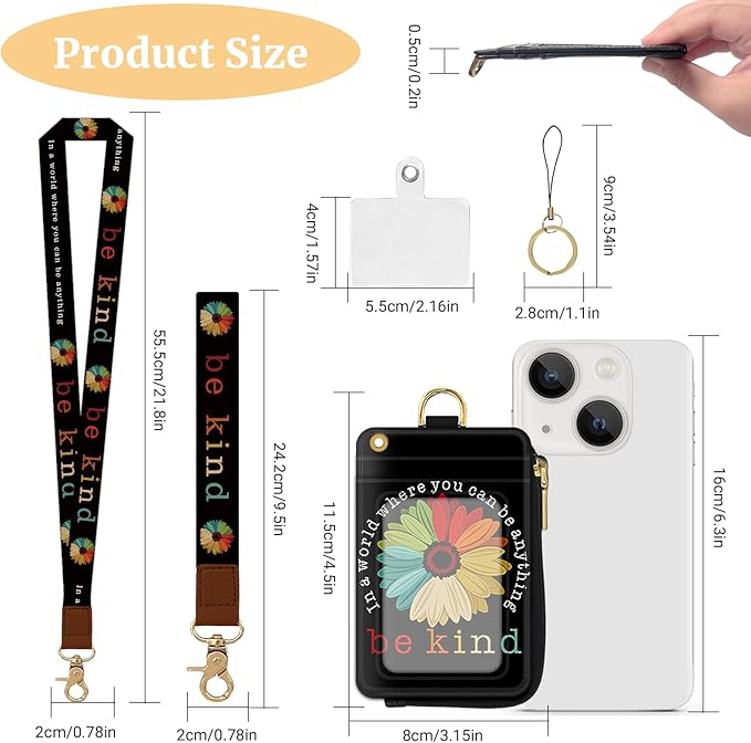 2-in-1 ID Badge Holder & Lanyard Wallet,Multi Use Womens Small Wallet with Zipper Pocket for Women Men with Wristlet and Neck Lanyard 5 Card Slots Work Essential (Be Kind)