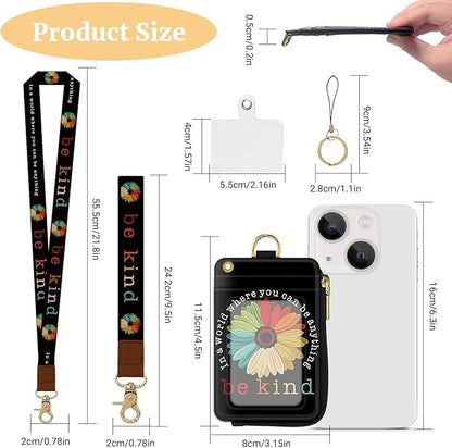 2-in-1 ID Badge Holder & Lanyard Wallet,Multi Use Womens Small Wallet with Zipper Pocket for Women Men with Wristlet and Neck Lanyard 5 Card Slots Work Essential (Be Kind)