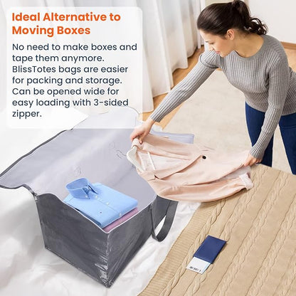 BlissTotes Large Moving Boxes and with Zippers & Handles Moving Supplies with lids, Heavy Duty Totes for Storage Bags for Space Saving, Fold Flat, Moving and Storing 76L, 2 Pack