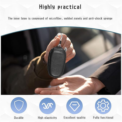 Car Key Case, Genuine Leather Auto Key Fob Cover Case, Key Fob Protector with Metal Hook, Car Smart Keychain Holder (Black)