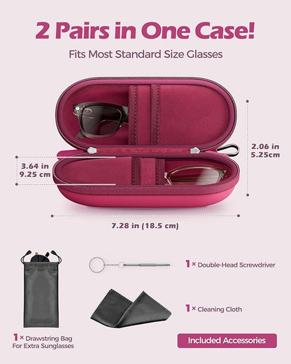 ProCase Double Sunglasses Case, Hard EVA Shell Shockproof Dual Eyeglass Case for Men Women with Metal Hook and Velvet Lining, Travel Zipper Glasses Holder Organizer for Couple Gifts -Raspberry